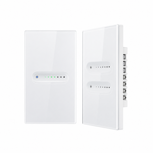 NéoBeam Essential, variateur Wi-Fi vertical avec façade blanche et module arrière pour contrôle connecté de l'éclairage.