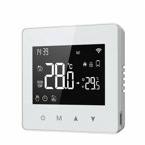 Thermostat mural Wi-Fi blanc présenté en vue produit avec profil visible.
