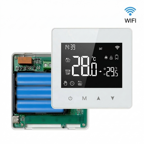 Thermostat Wi-Fi blanc à piles avec écran digital et circuit visible.